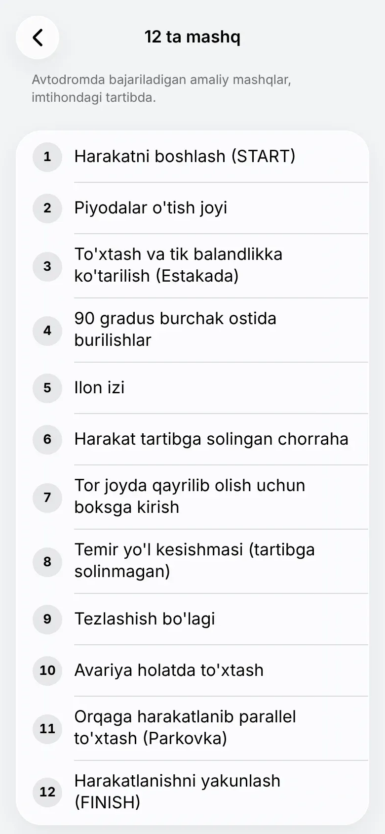 Avtodromdagi 12 ta mashq ro'yxati