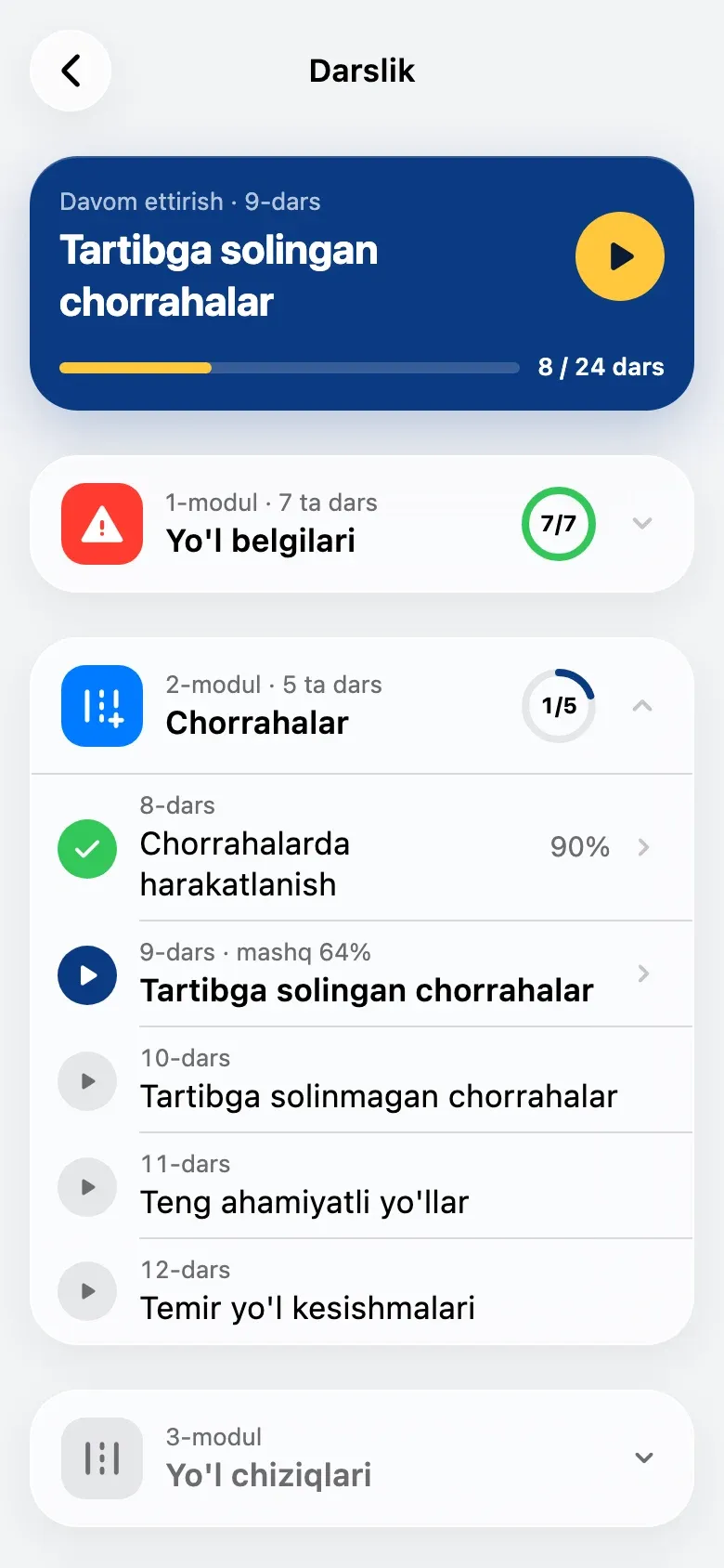 Darslik: modullar va darslar ro'yxati
