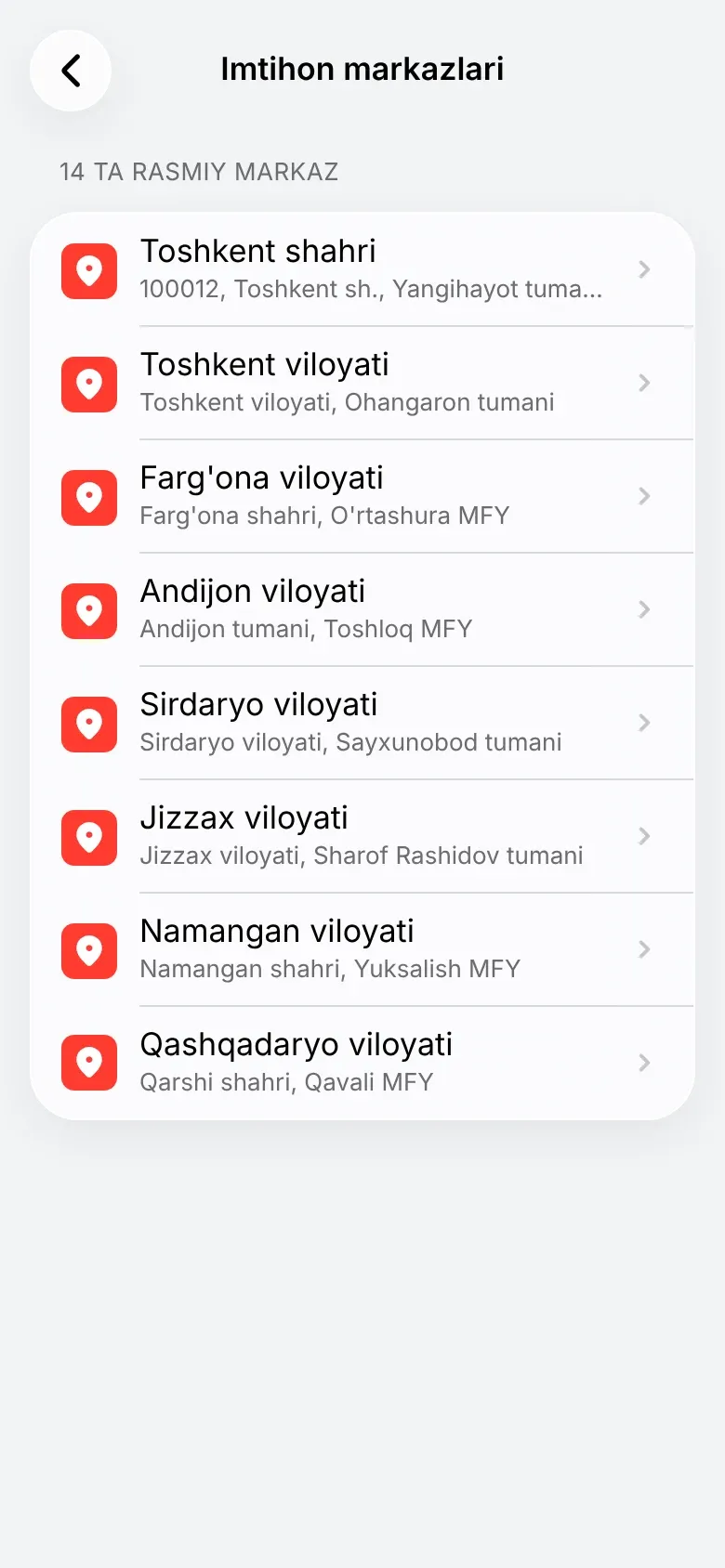 Imtihon markazlari ro'yxati